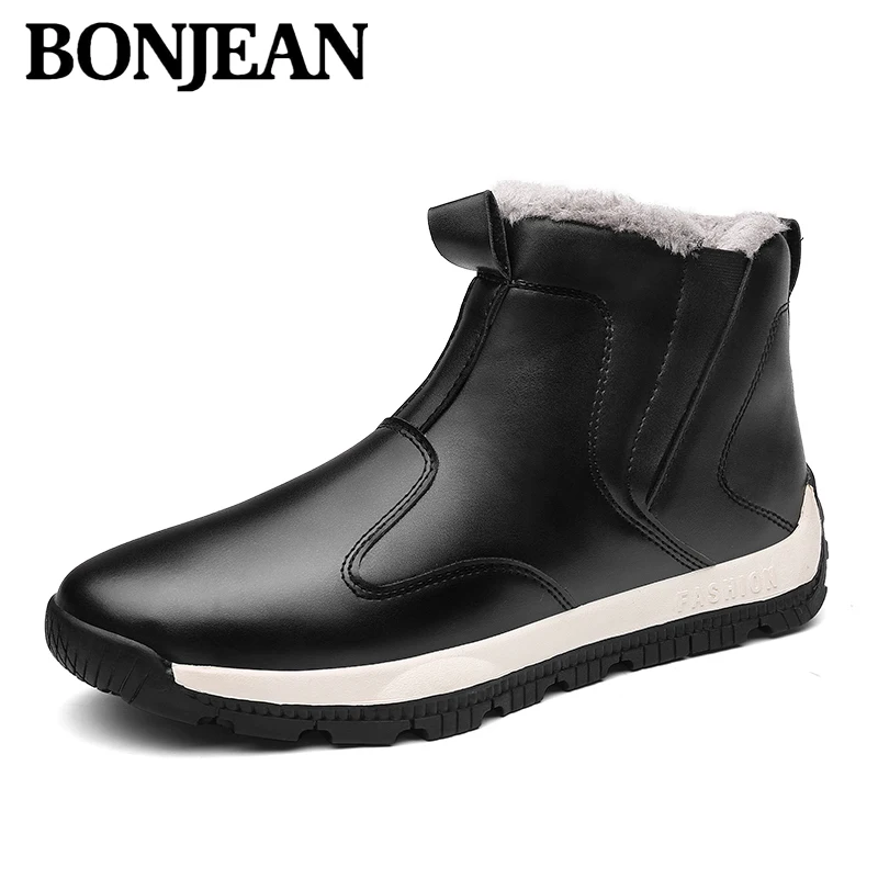 Зимние мужские ботильоны на меху Теплые ботинки из толстого плюша Кожаная