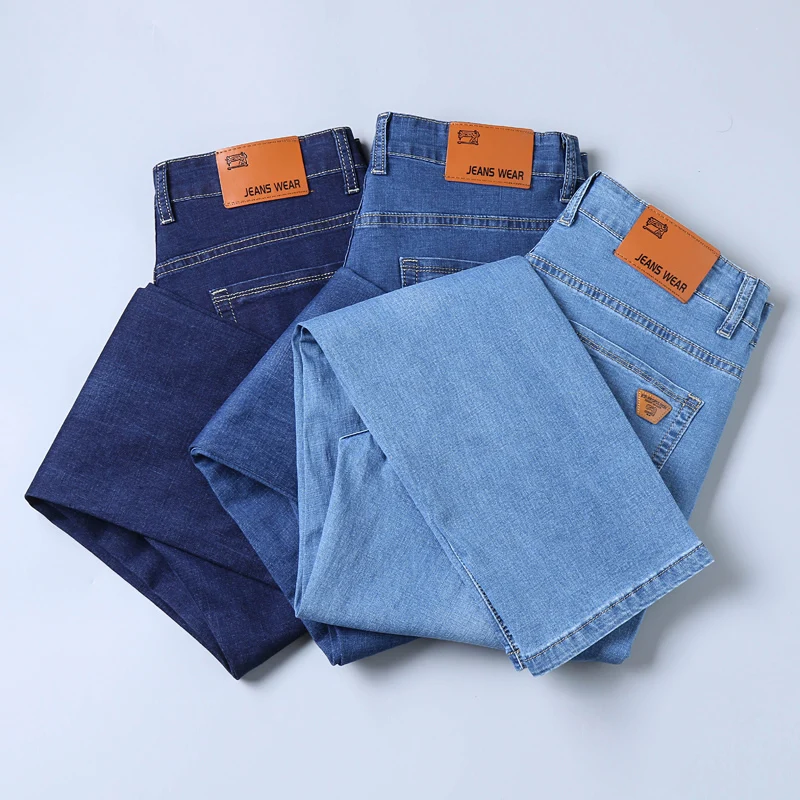 

Three colors spring summer lightweight straight fit stretch jeans classic style business casual young men's thin denim jeans