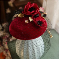 2021 new elegant women mini fascinator hat hairpins vintage wine red flower with face veil headdress wedding party headwear