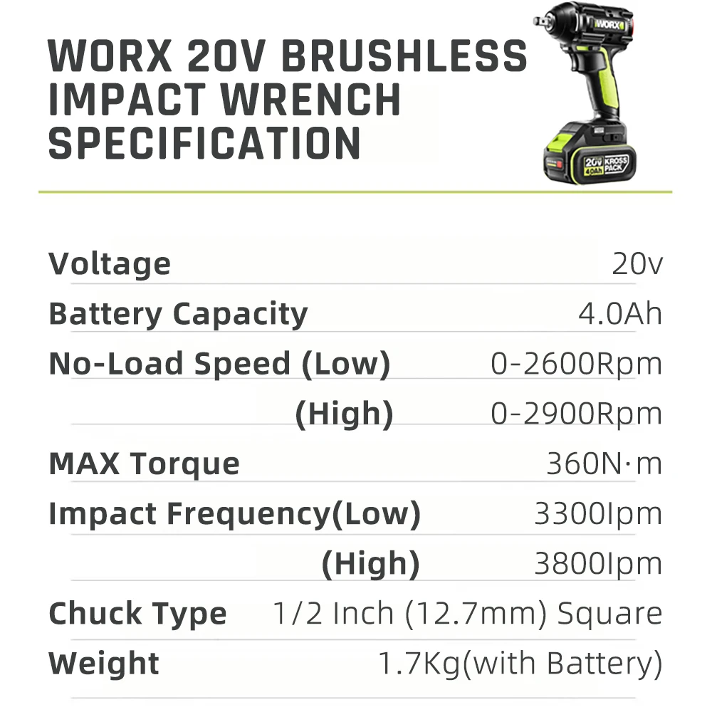 WORX WU279 беспроводной ударный ключ электрические инструменты бесщеточный