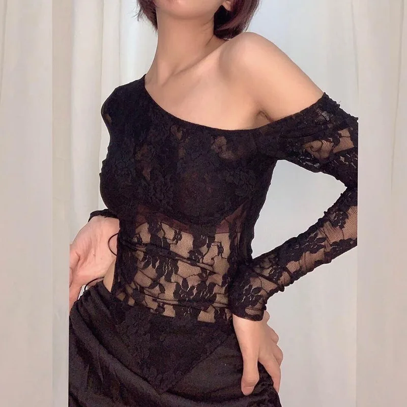 

2021 Spring Women Blouse Tops Lace See Through Sexy Anomalistic Neck Long Sleeve Shirt Crop High Street Y2k Black White