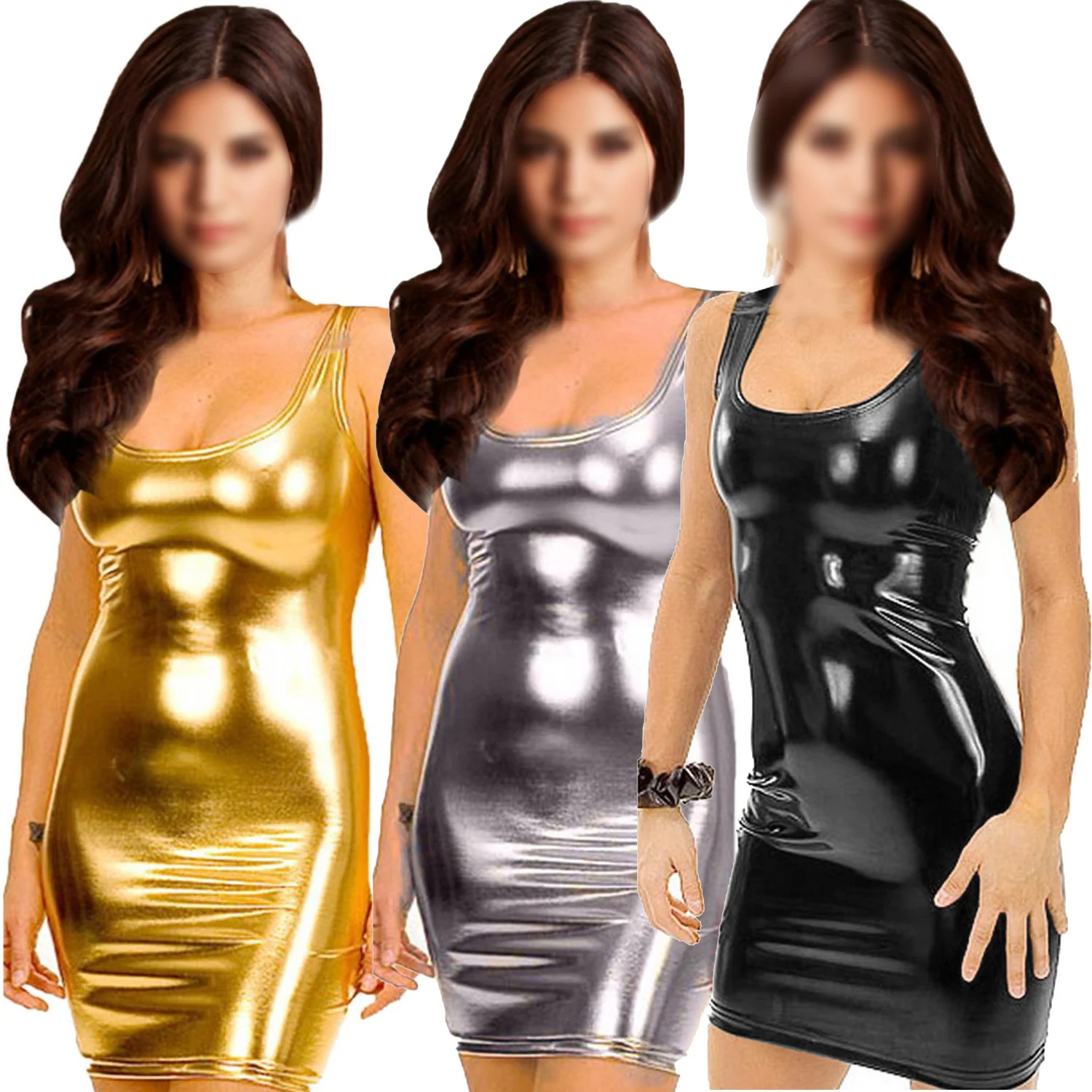 

Women's Synthetic Leather Metallic Clubwear Mini Dress Silver