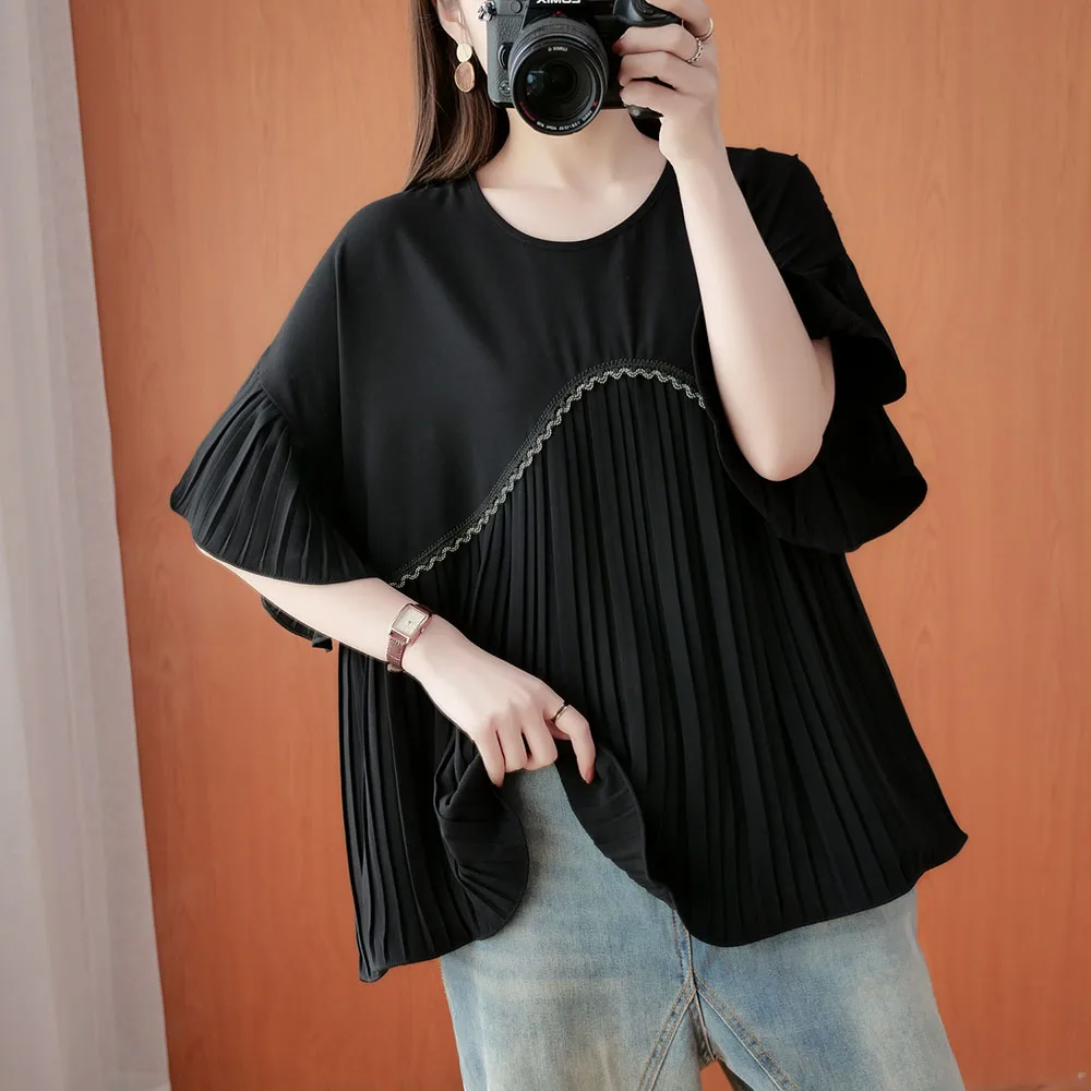 

2021 Summer New Loose Oversize Chiffon Splicing Pleated T-Shirt Solid Color Temperament All-match Round Neck Summer