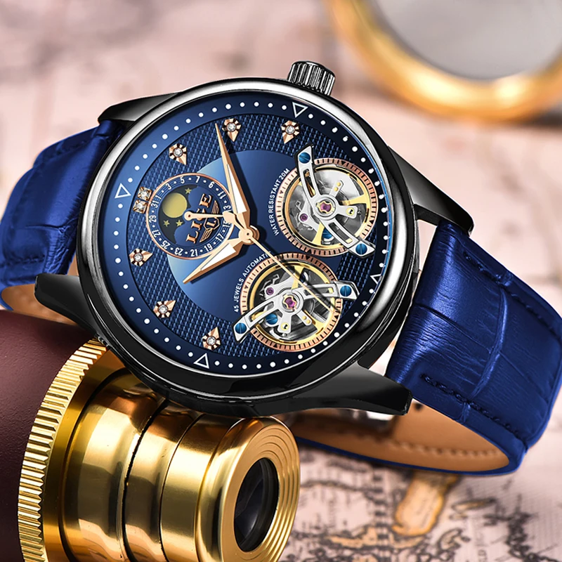 Новый бренд LIGE мужские часы автоматические механические Tourbillon кожаные