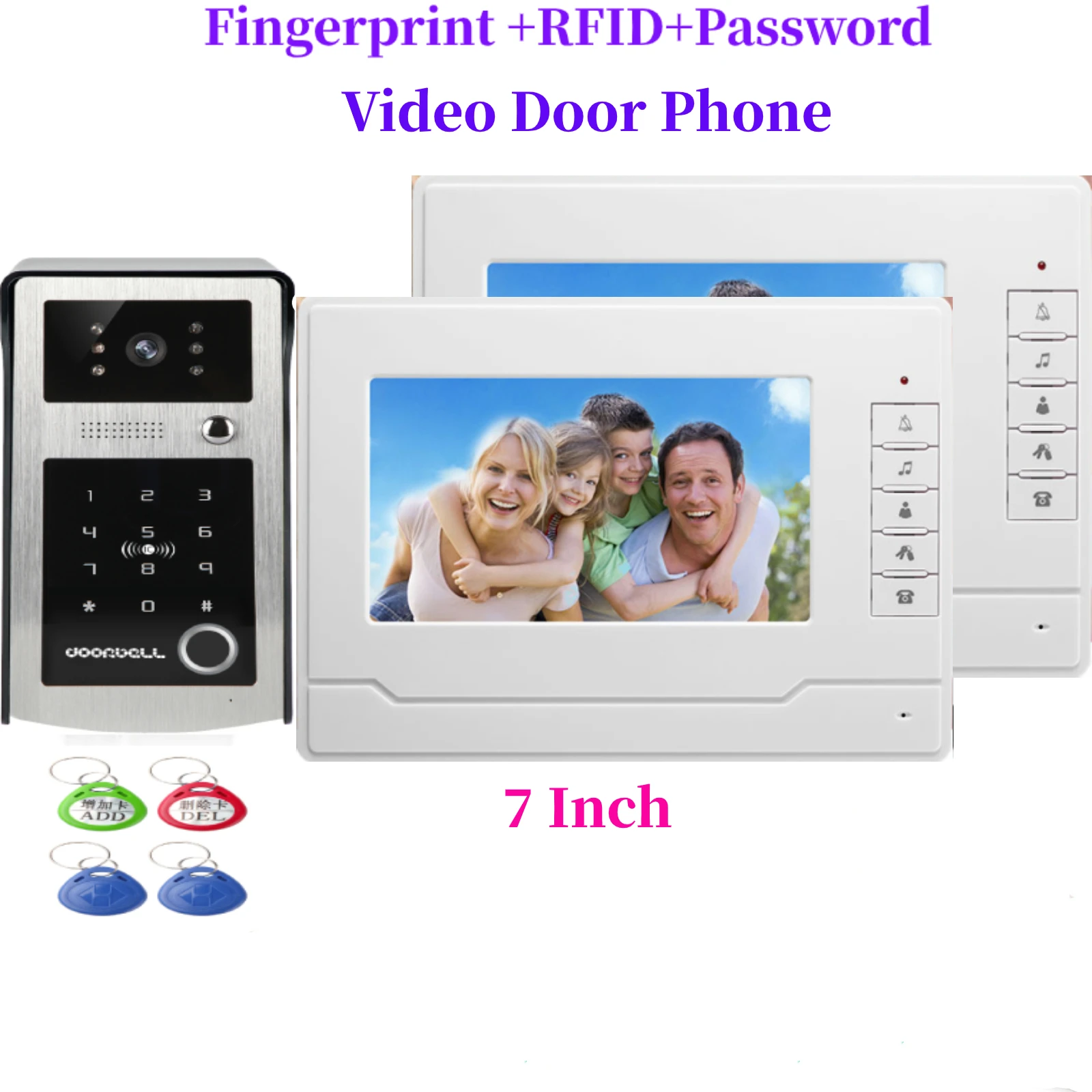7inch Video Door Entry Security Intercom with Fingerprint password RIFD card network cable connection for 2 Families