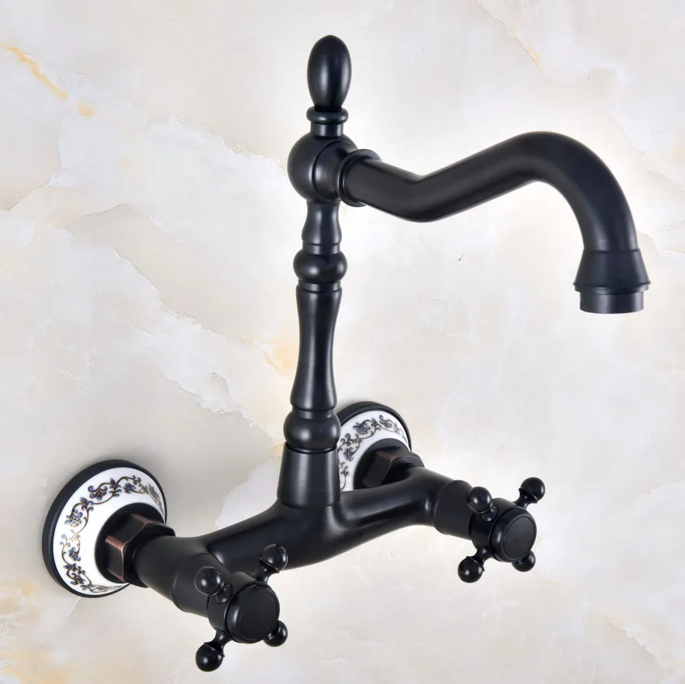 

Black Oil Rubbed Brass Double Hole Cross Handle Kitchen Bathroom Basin Faucet Sink Mixer Hot / Cold Tap Swivel Spout 360' dnf815
