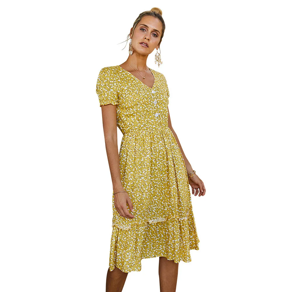 

Original Design V-neck Sexy Casual Short-sleeved Dress Women's Spring and Summer 2021 Floral A-line Dress Printed Boho Dress