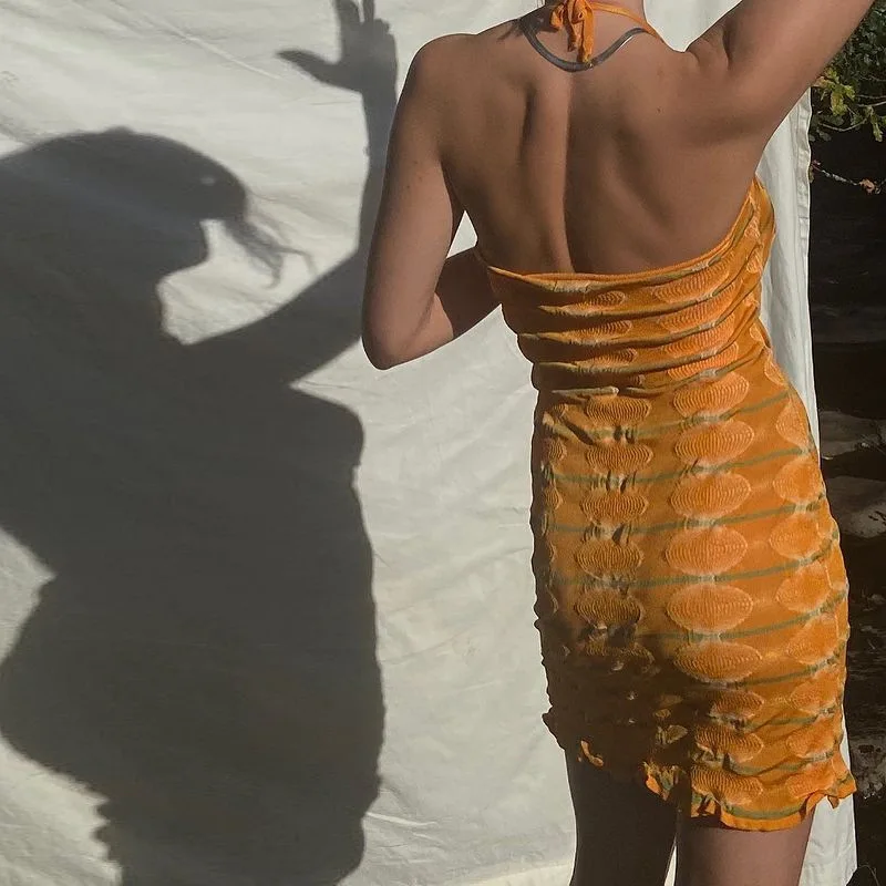 

Summer Halter Mini Dress Slash Neck Sleeveless Bodycon Ladies Outfits Clubwear Party Knitted Vestidos Woman Dresses Casual