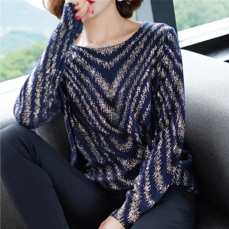 Женский весенний свитер с принтом и длинным рукавом повседневный полосатый топ