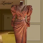 Женское вечернее платье, с V-образным вырезом и блестками, с длинным рукавом, на заказ, со складками с силуэтом 