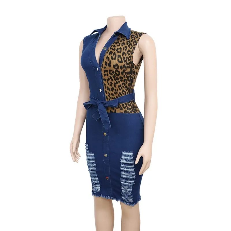 

Sexy Ripped Leopard Patchwork Belt Slim Denim Dress 2021 Summer Women Fashion Sleeveless Single-breasted V-neck Bodycon Dresses