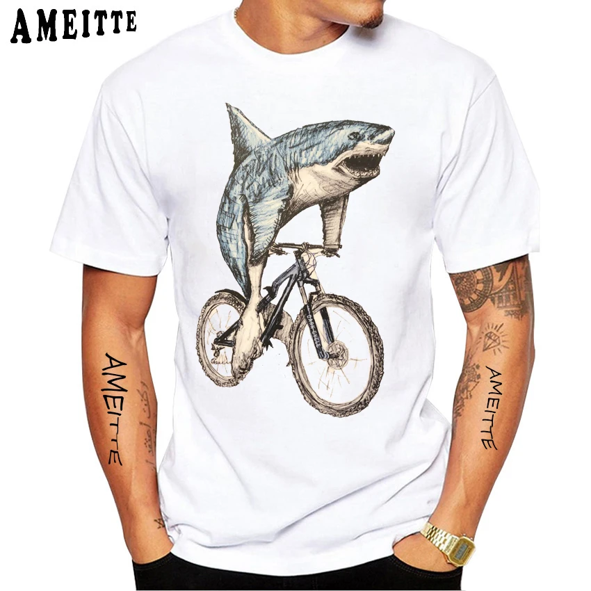 Винтажная виниловая футболка с изображением акулы для езды на велосипеде летние - Фото №1