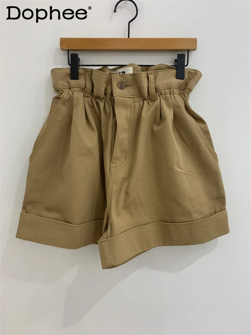 

Korean Fashion 2021 Summer New Elegant Elastic High Waisted Casual Shorts Women Temperament Wide Leg Shorts Outwear Biker Shorts