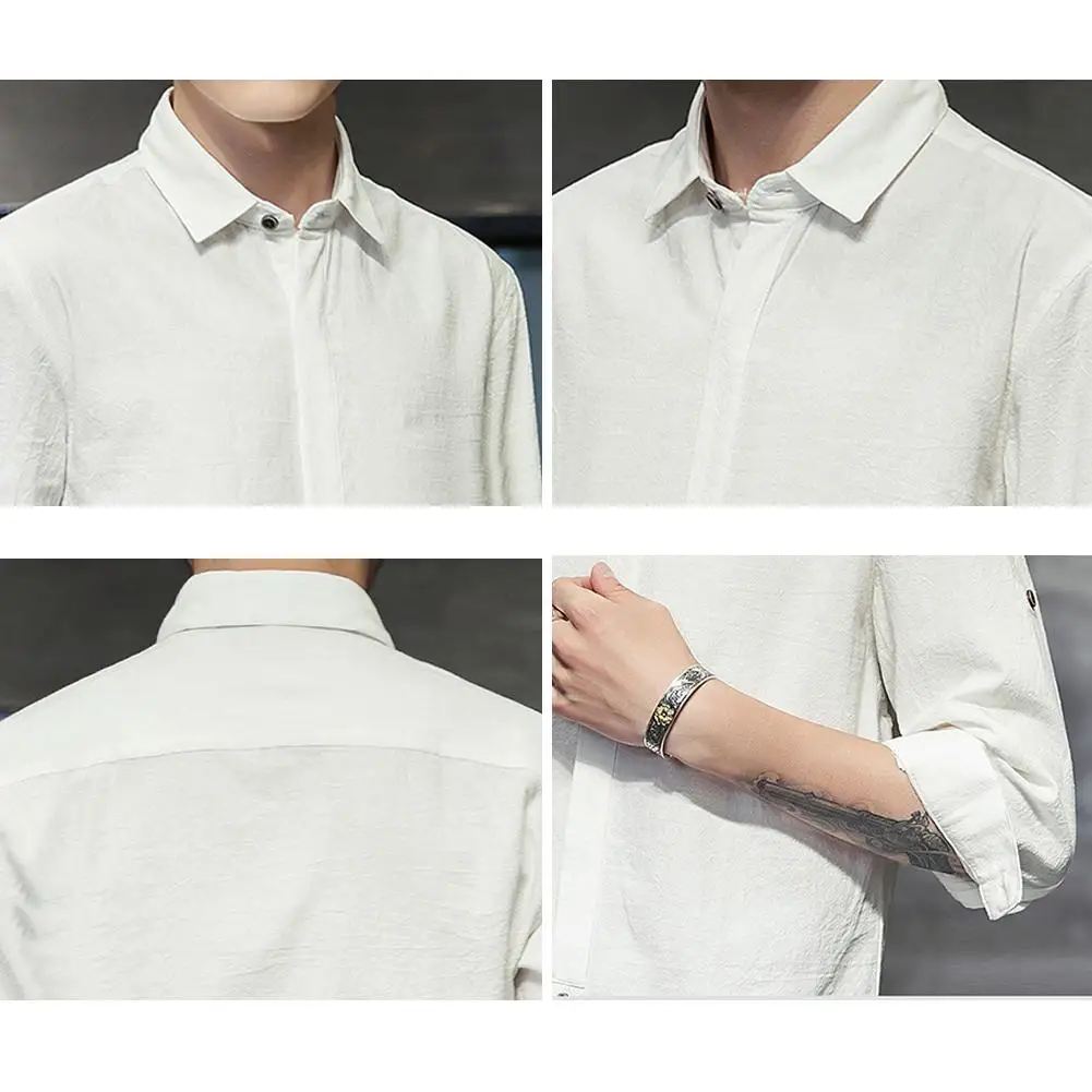 

Stylish Shirts Men Clothing Mid Sleeve Tee Shirt Summer Men 3/4 Sleeve Lapel Collar Casual Solid Color Cotton Linen Slim Shirt