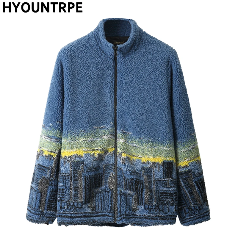 

Модные теплые пальто с городским узором, мужские куртки на молнии в стиле Харадзюку, зимняя пушистая куртка-бомбер в стиле хип-хоп, свободна...