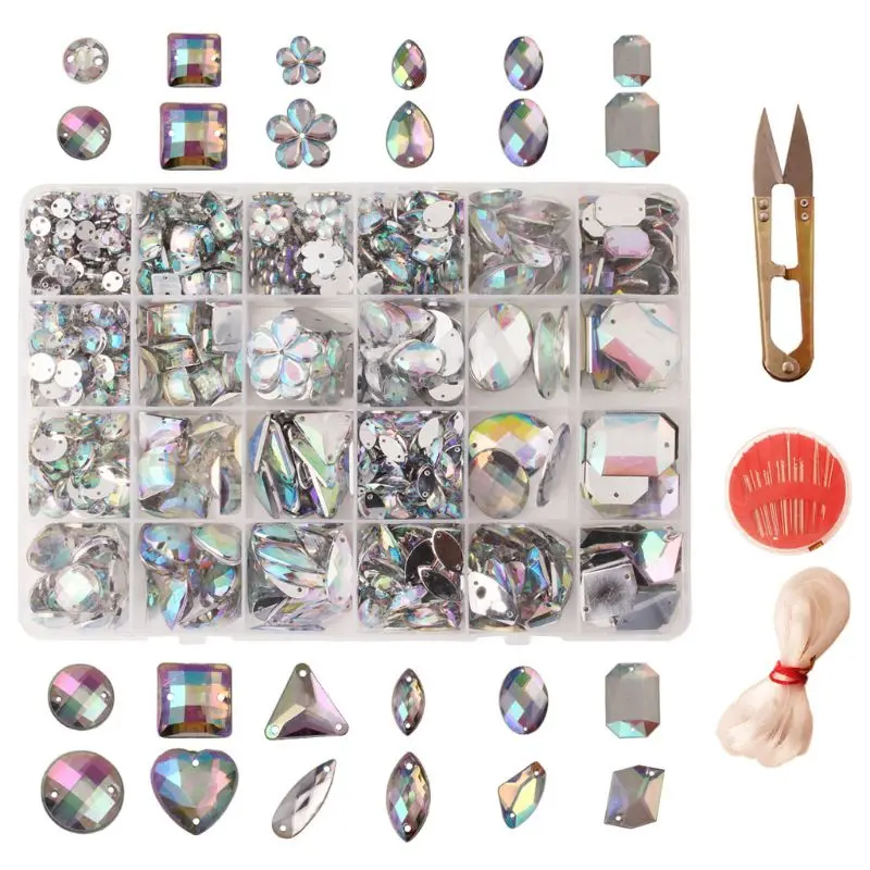 

700pcs AB Clear Sew on Rhinestone Acrylic Crystal Buttons Gems Flatback Diamantes 24 Styles for DIY Crafts Clothes Decor