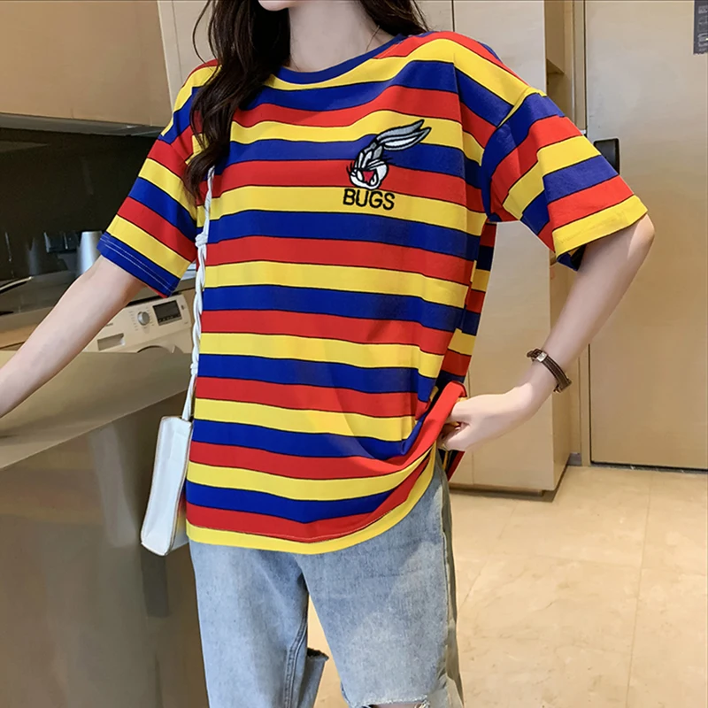

Women Harajuku Striped Tshirt Short Sleeve O-Neck T-Shirts Ulzzang Korean Casual Loose Plus Size T Shirt Femme Embroidery Tops