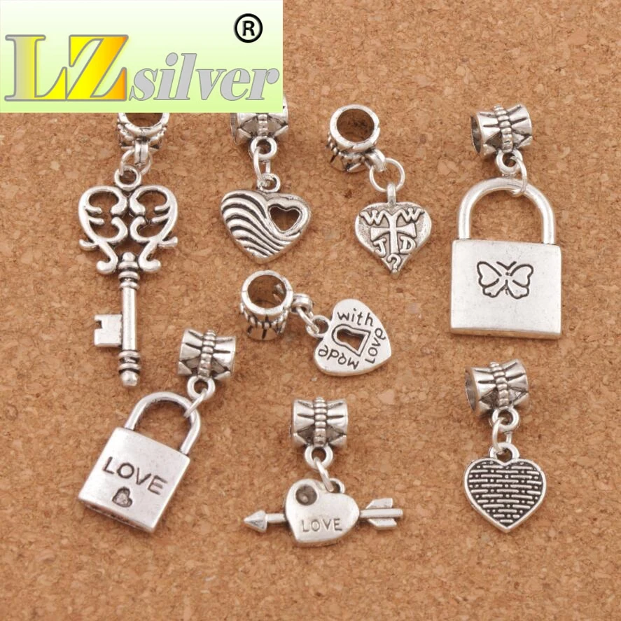 Love Heart Locket Keyhole Heart Charm Beads mixed 80pcs zinc alloy Dangle Fit European Bracelets BM29