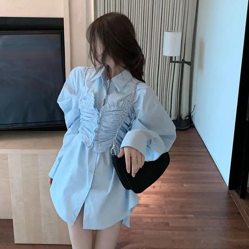 

Korean Version of Chic Temperament Fake Two-piece Shirt Design Niche Mid-length Lower Body Disappearing Long-sleeved Cardigan