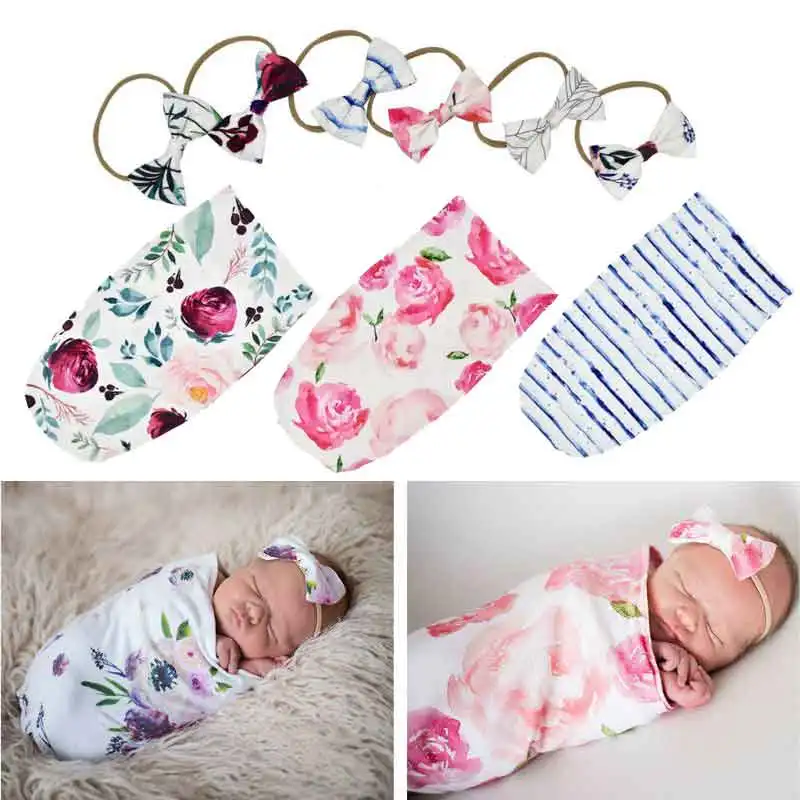 

Baby Blankets Newborn Photography Prop Infant Baby Boys Girls Sleeping Printed Swaddle Muslin Wrap +Headband 2pcs/set