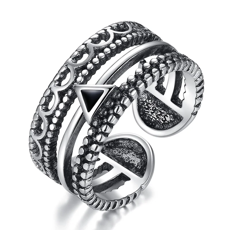 

Multi-layer Antique Silver Color Finger Rings For Men Women Charming Hollow Pattern Elegant Opening Ring Band For Civilian