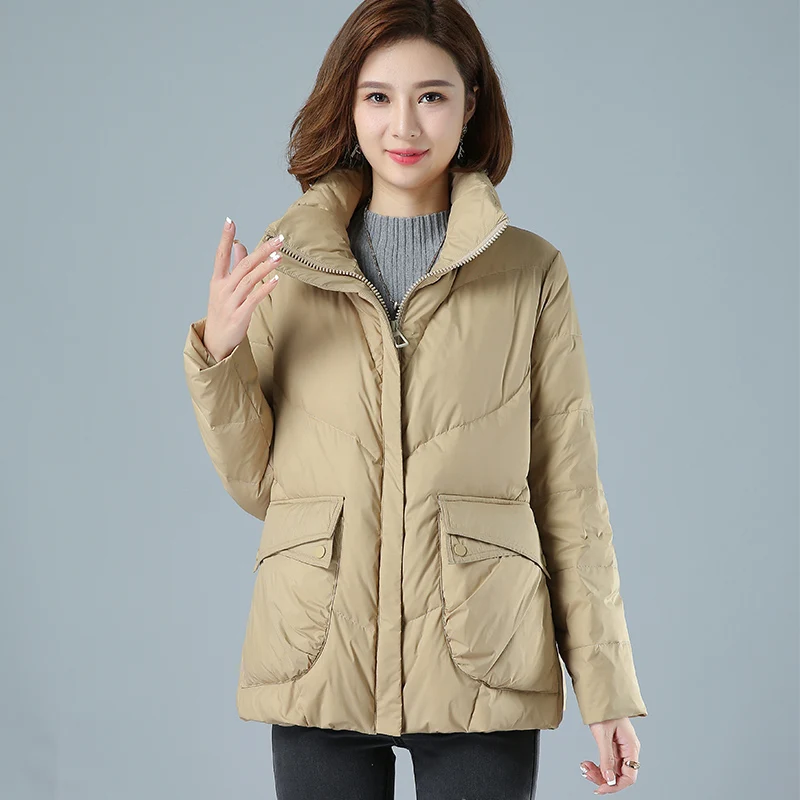 2021 Winter New Style Loose Warm 90% White Duck Down Jacket Female Hooded Windproof Short Parkas Soild Color Outwear