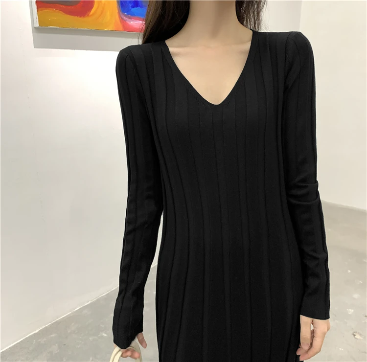 

Korean New Chic V Neck Long Sleeve Slim Knitting Dress Women Spring Autumn Casual Comfortable Sweater Long Dress Black Blue