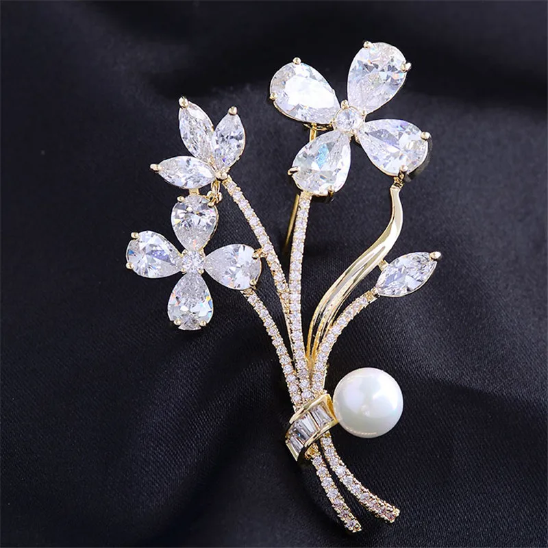 

Shining Zircon Pearl Flower Brooch for Women Luxury Jewelry Brand Design Temperament Elegant Branches Corsage Brooches Pin