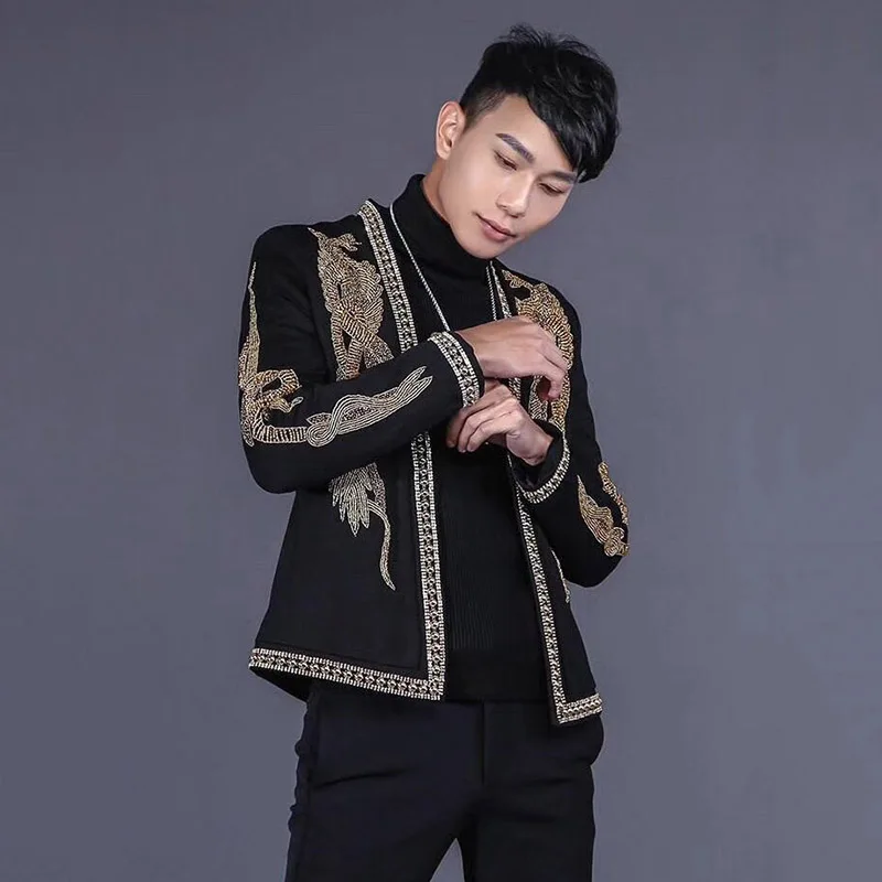 Luxury Court Style Wedding Suit Coat Men Handmade Beading Collar Embroidered Slim Blazer Male Streetwear Hip Hop Outerwear S-XL
