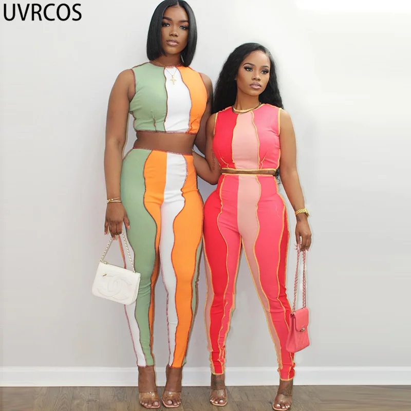 

UVRCOS Sport Set Women Fitness Summer 2021 Casual Two Piece Set Outfits Patchwork Slim Sportwear Workout Clothes For Women Suits