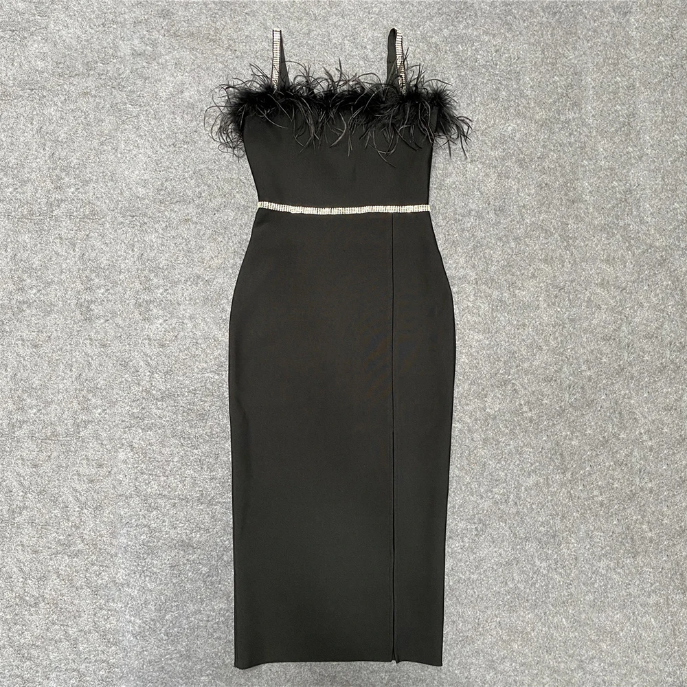 Женское Бандажное платье с черными перьями элегантное облегающее средней длины