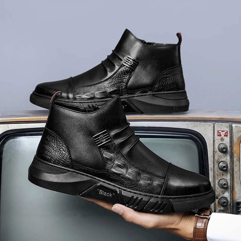 

Leather Men's Martin Shoes Fashion Crocodile Pattern Slip-On Shoes Black Classic Business Dress High-Top Shoes Casual Men Shoes