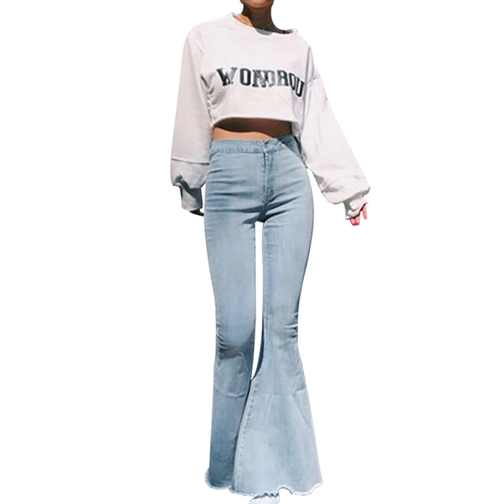 light blue OEAK Высокая талия стрейч женские, с расклешенным бойфрендом Джинсы женские мыть деним плюс размер черные широкие ноги мама джинсы женские узкие джинсы - Цвет: light blue