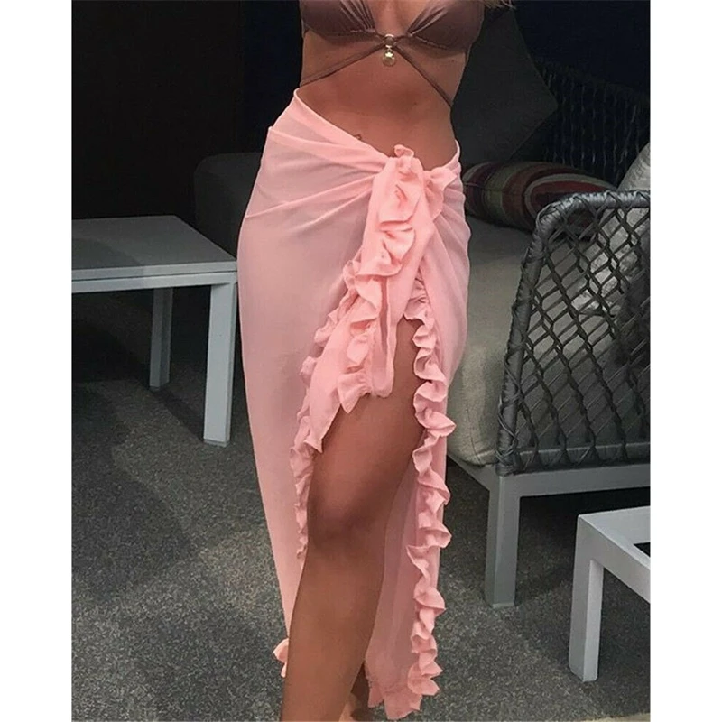 Summer Holiday Sexy Women Boho Beach Bikini Cover up Tie bow knot Ruffles Silt Swim Skirt Short Wrap Sarong Beachwear Swimwear