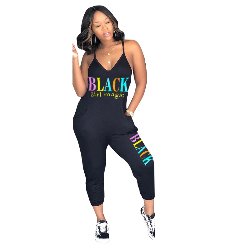 Женский комбинезон без рукавов Летний с V-образным вырезом и буквенным принтом