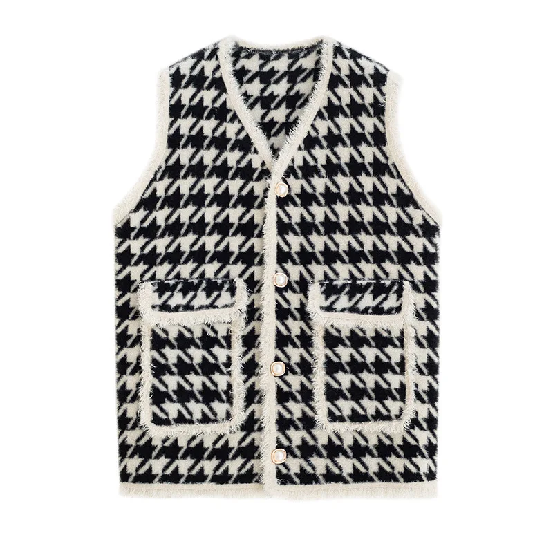 

Vintage Sweater Vest for Women Autumn Houndstooth Vest Jacket Women Loose Casual Thick Mid-length Velvet Sweater