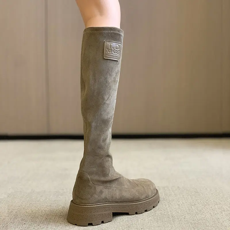 Женские сапоги выше колена оранжевые зеленые розовые эластичные без застежки на