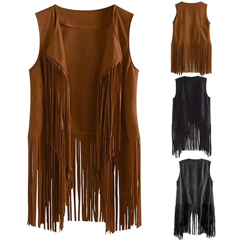 

Hot Sale Women Fashion Fringe Vest Vintage Leather Suede Vest Tassels Western Country Cowgirl Vest Cardigan Waistcoat Jacket