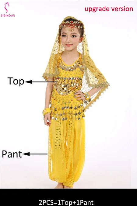 Yellow 2pcs 8 цветов детский набор костюма для танца живота Восточные Танцевальные костюмы для девочек Египетский Болливуд индийский танец живота одежда - Цвет: Yellow 2pcs