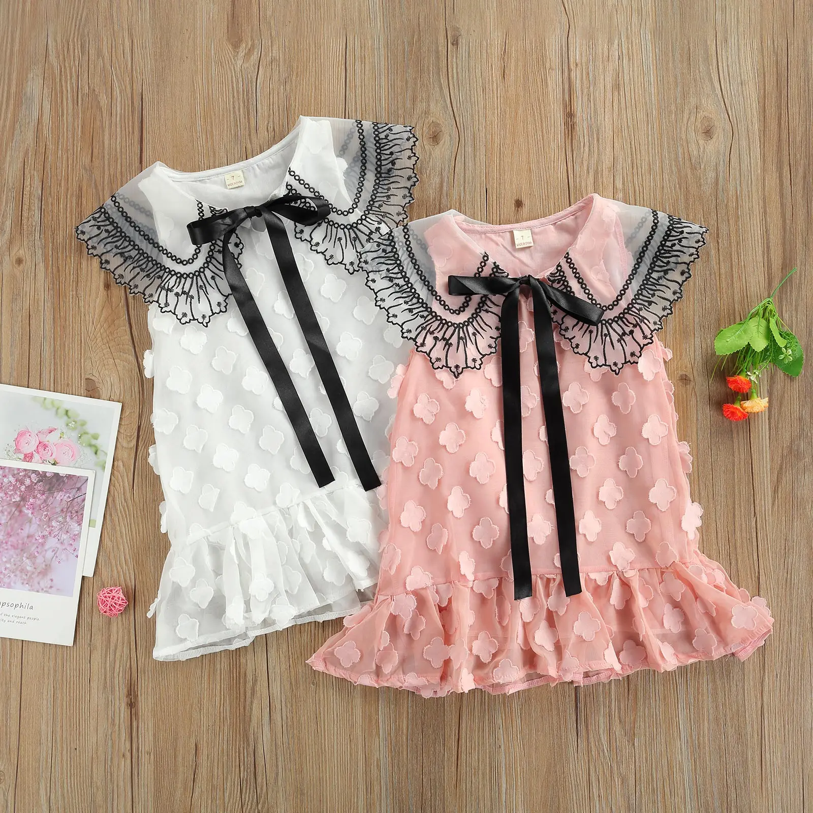 

Children Patchwork Lace Dress, Girls A-line Sleeveless Pan Collar Midi Sundress with Pleated Hem