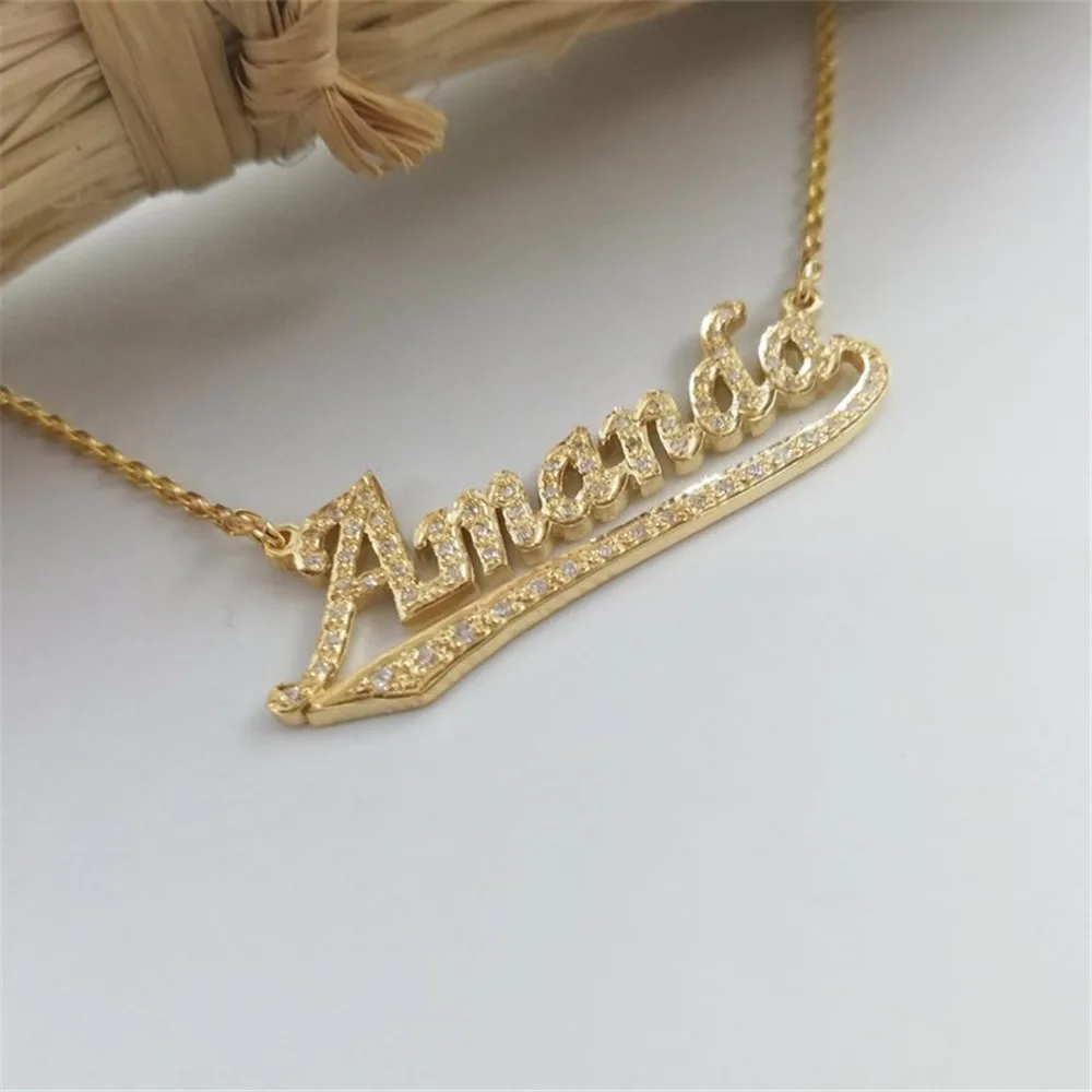 

AurolaCo CZ Diamond Name Necklace Custom Gold Color Stainless Steel Letter Nameplate Necklace for women Gifts