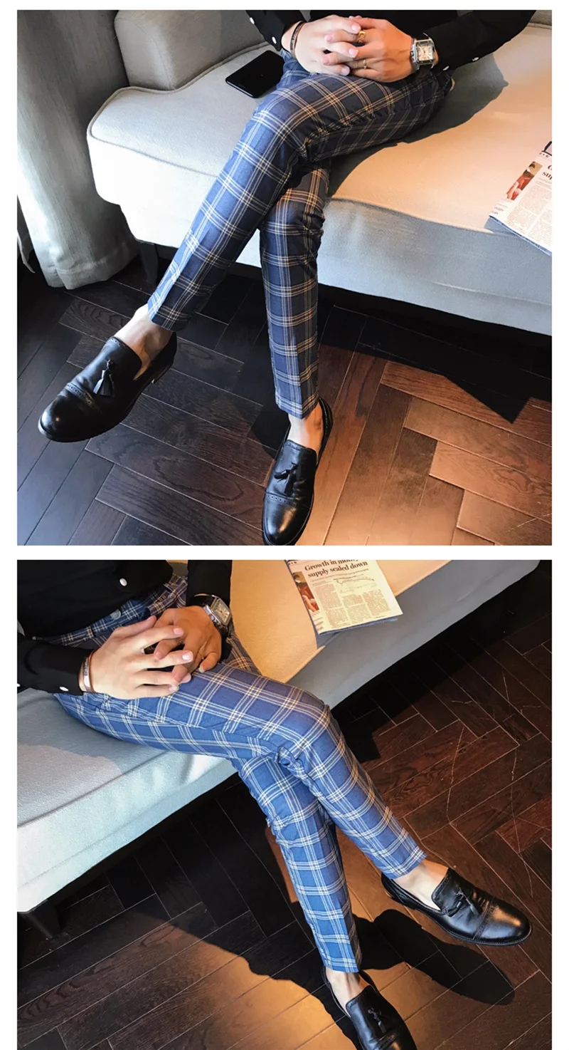 Серый синий мужской Клетчатый костюм брюки Slim Fit лодыжки костюм брюки для мужчин классическое деловое офисное платье формальный клетчатый костюм брюки P13