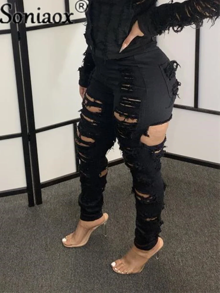 Women’s Slim Fit Ripped Hollow Out Jeans Fashion Solid Color Hole Tassel Stretch High-Waist Denim Pencil Long Pants Trousers