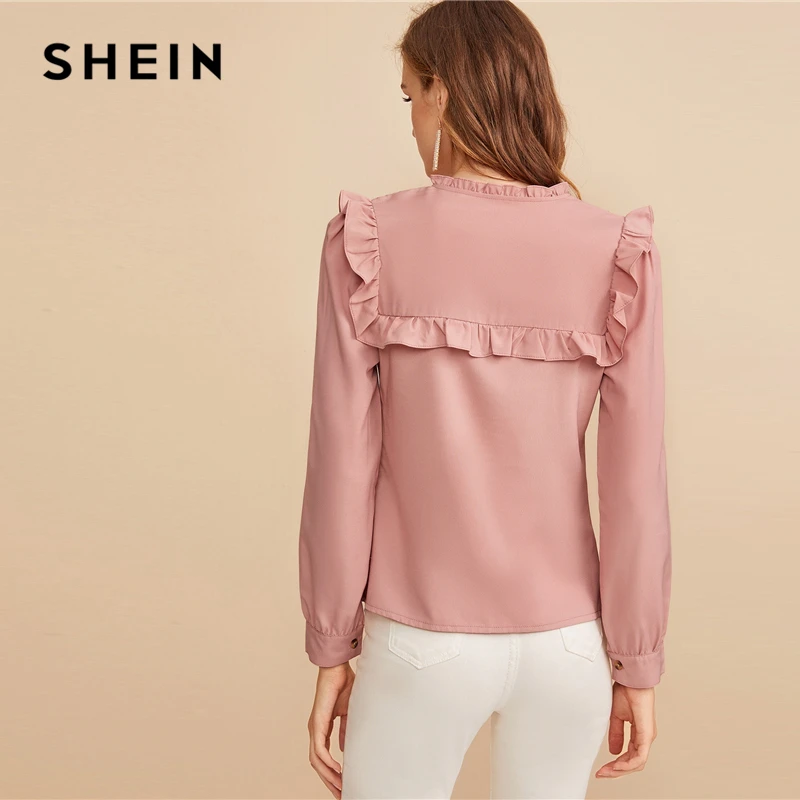 SHEIN розовая вышитая лента панель с рюшами отделка пуговица спереди милая блузка рубашка женские топы осень длинный рукав элегантные блузки