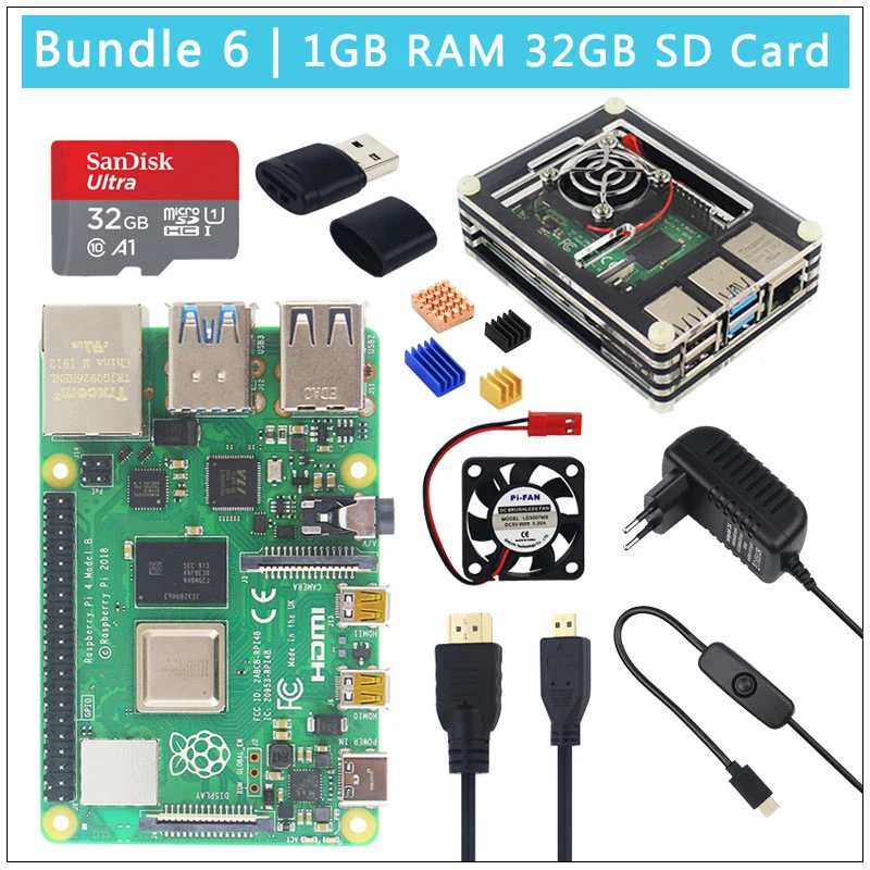 Raspberry Pi 4 модели B 1/2/4GB Оперативная память BCM2711 Cortex-A72 ARM v8 2,4/5G, Wi-Fi, Bluetooh 5,0 вариант SD картой памяти на 32 Гб | Чехол | Мощность | HDMI - Комплект: Комплект 6