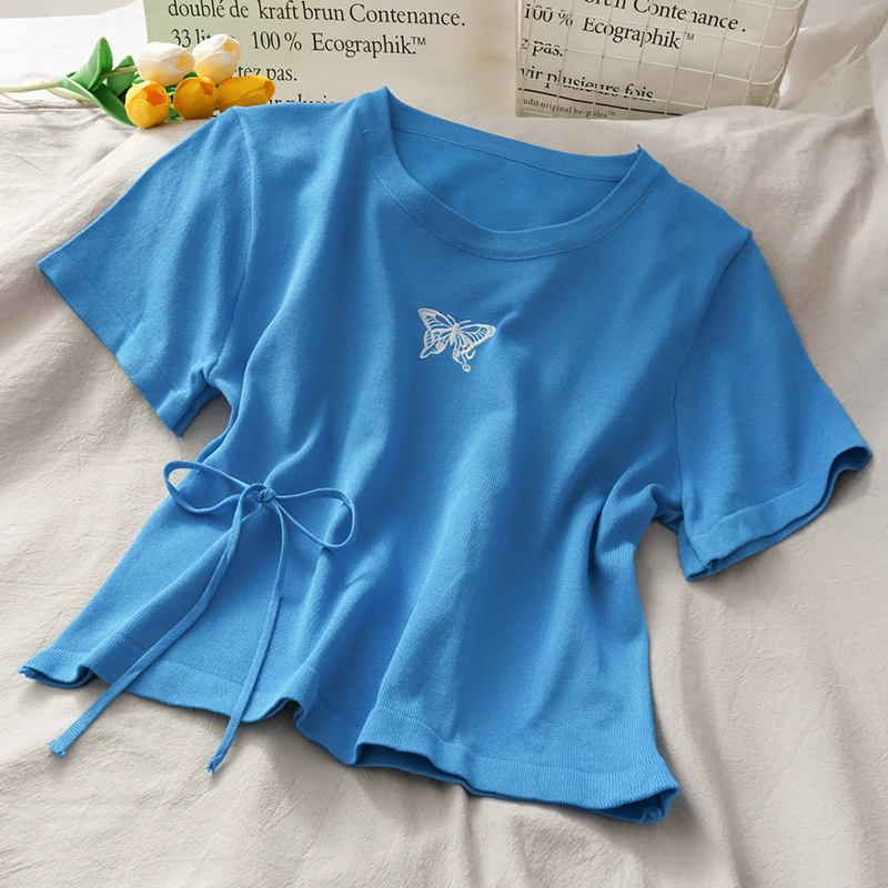 

Abrini Women Round Knit Tees Preppy Style Butterfly Printed Tee Cottons T-Shirts Drawstring Knitted Crop Tops 2021 Summer