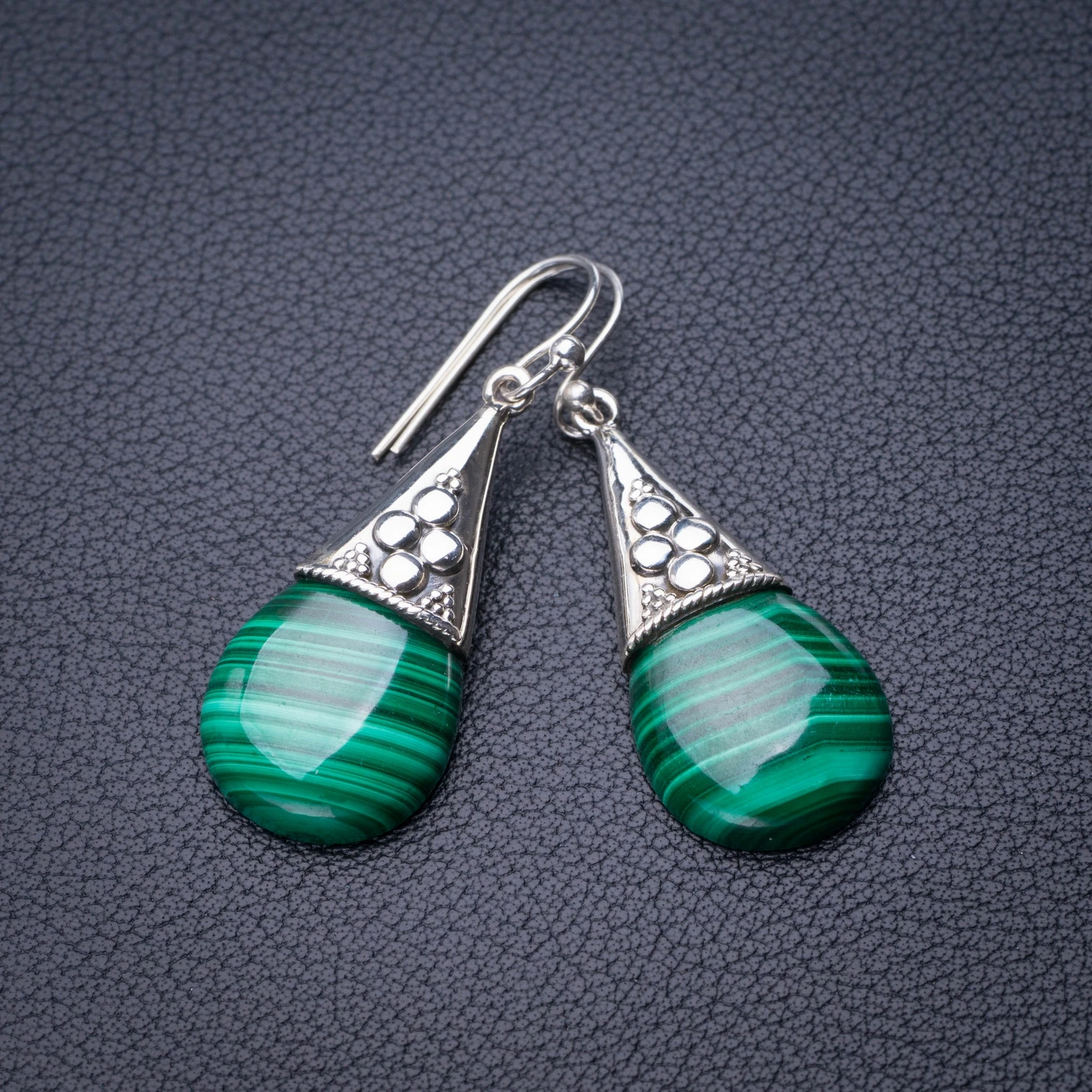 

StarGems Natural Malachite Handmade 925 Sterling Silver Earrings 1.5" D6736