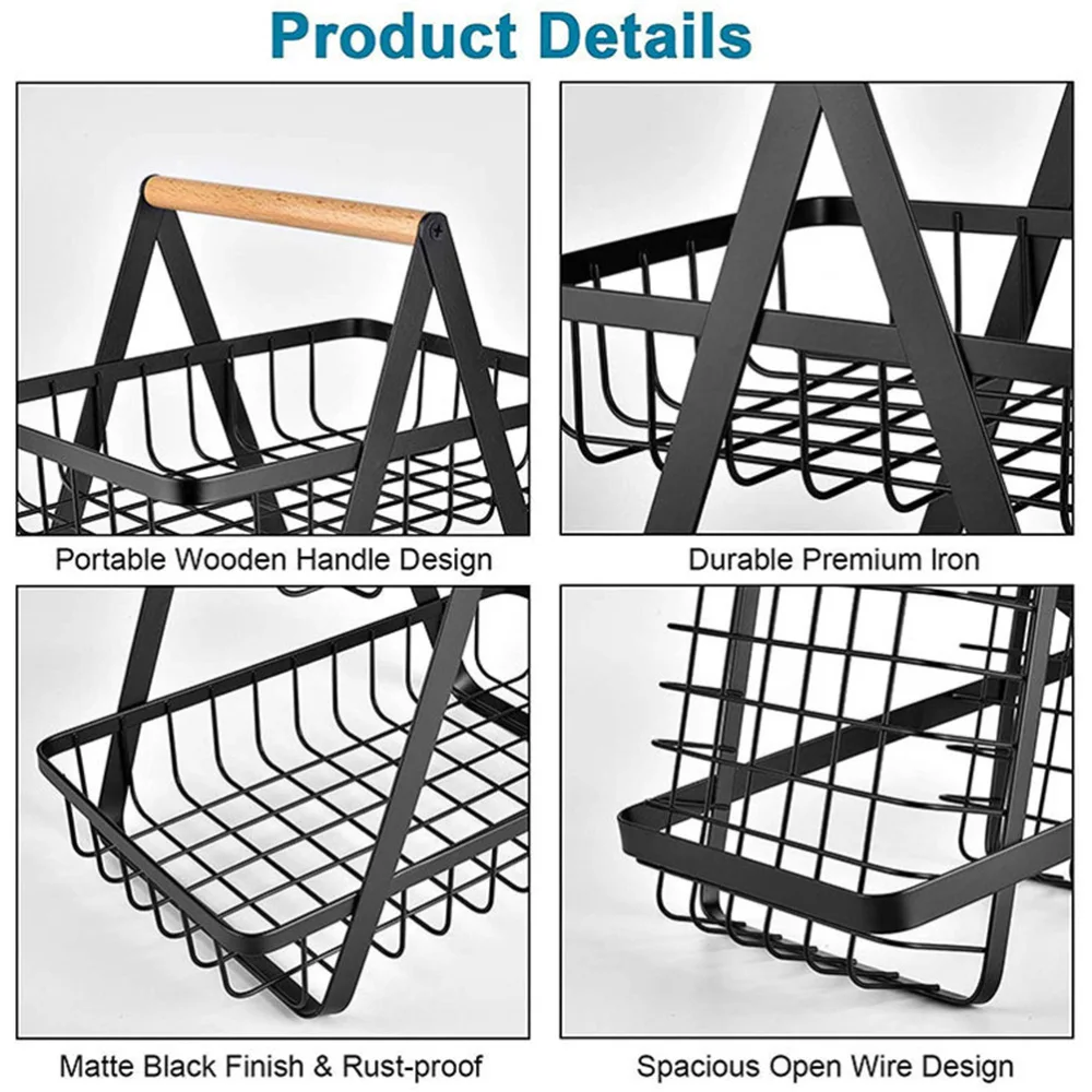 

1Pc Iron Basket Double-layer Fruit Basket Kitchen Drain Storage Basket (Black)