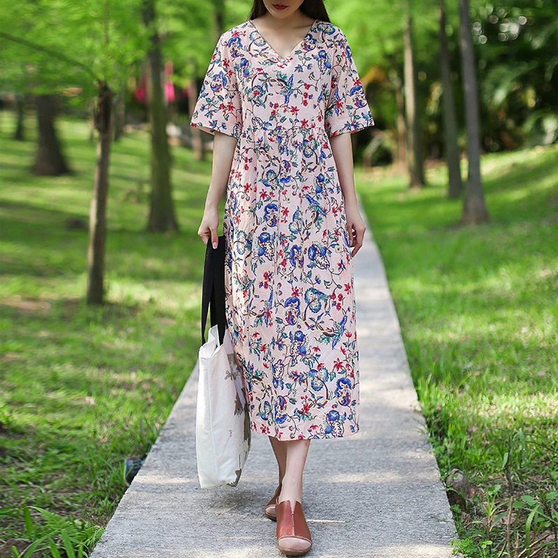 

Женское винтажное платье из хлопка и льна Johnature, мягкие свободные платья с коротким рукавом, V-образным вырезом, поясом и цветочным принтом д...
