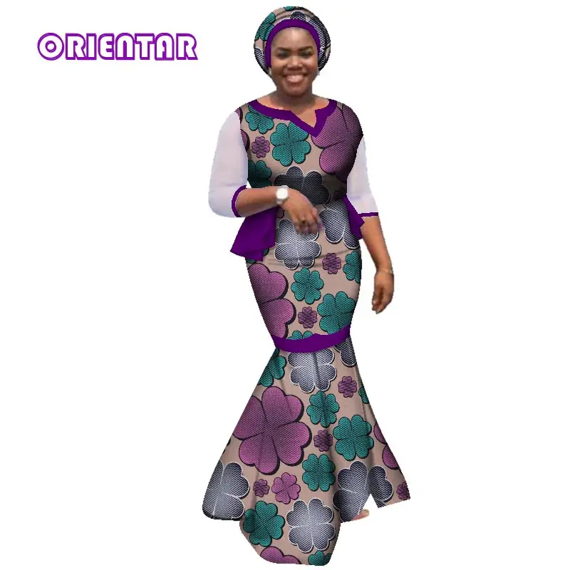 African Dresses for Women African Clothes with Headscarf Print Cotton Floor Length Dress Women Private Custom Plus Size WY2903